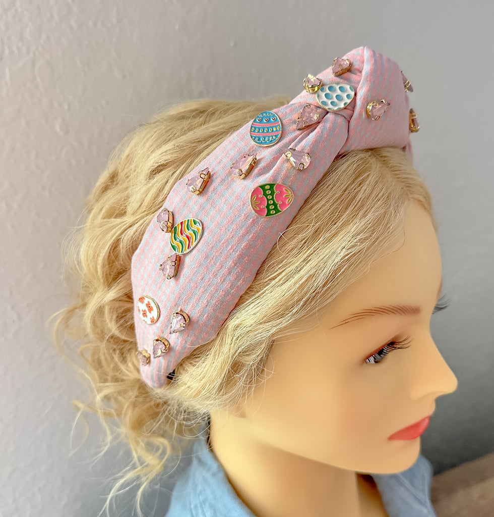 Headband for women.  pink and blue gingham fabric with easter egg charms and teardrop rhinestones.