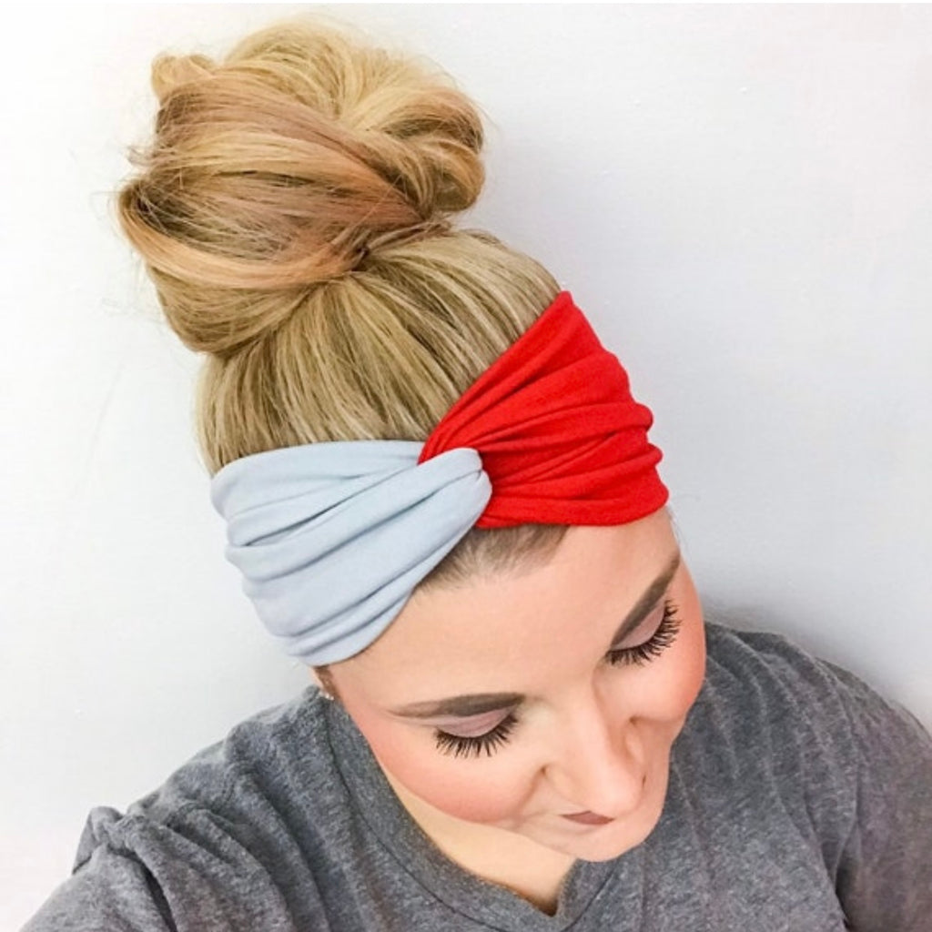 Handmade Fabric Headband for Women: Red and Light Grey