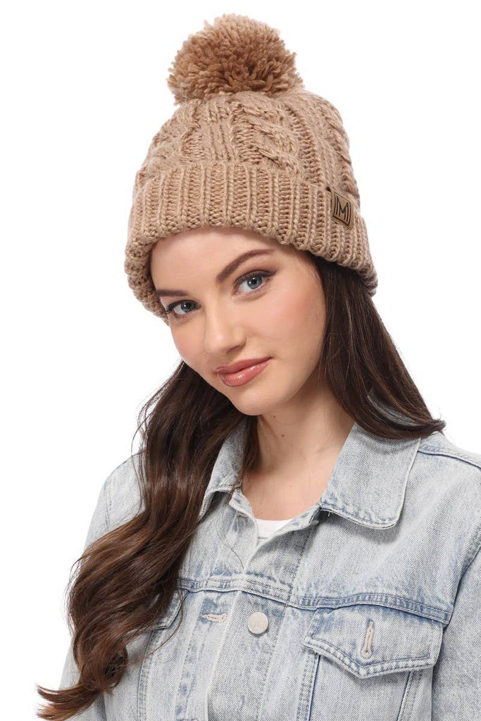 Camel Winter Cable Knit Beanie Hat with Fleece Lining