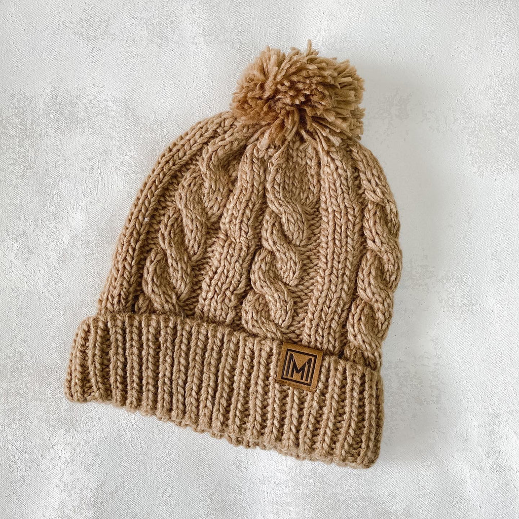 Camel Winter Cable Knit Beanie Hat with Fleece Lining
