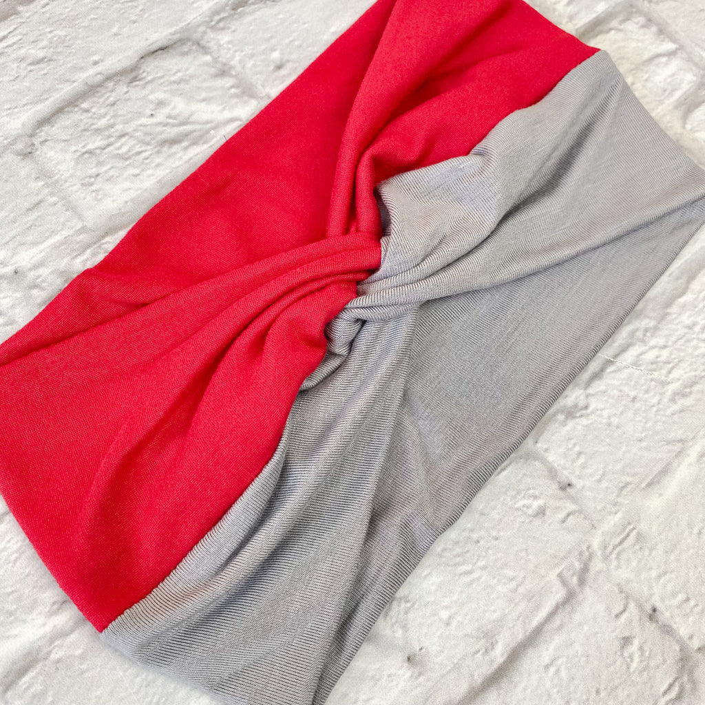 Wide Fabric Headband for Women: Scarlet Red and Light Gray