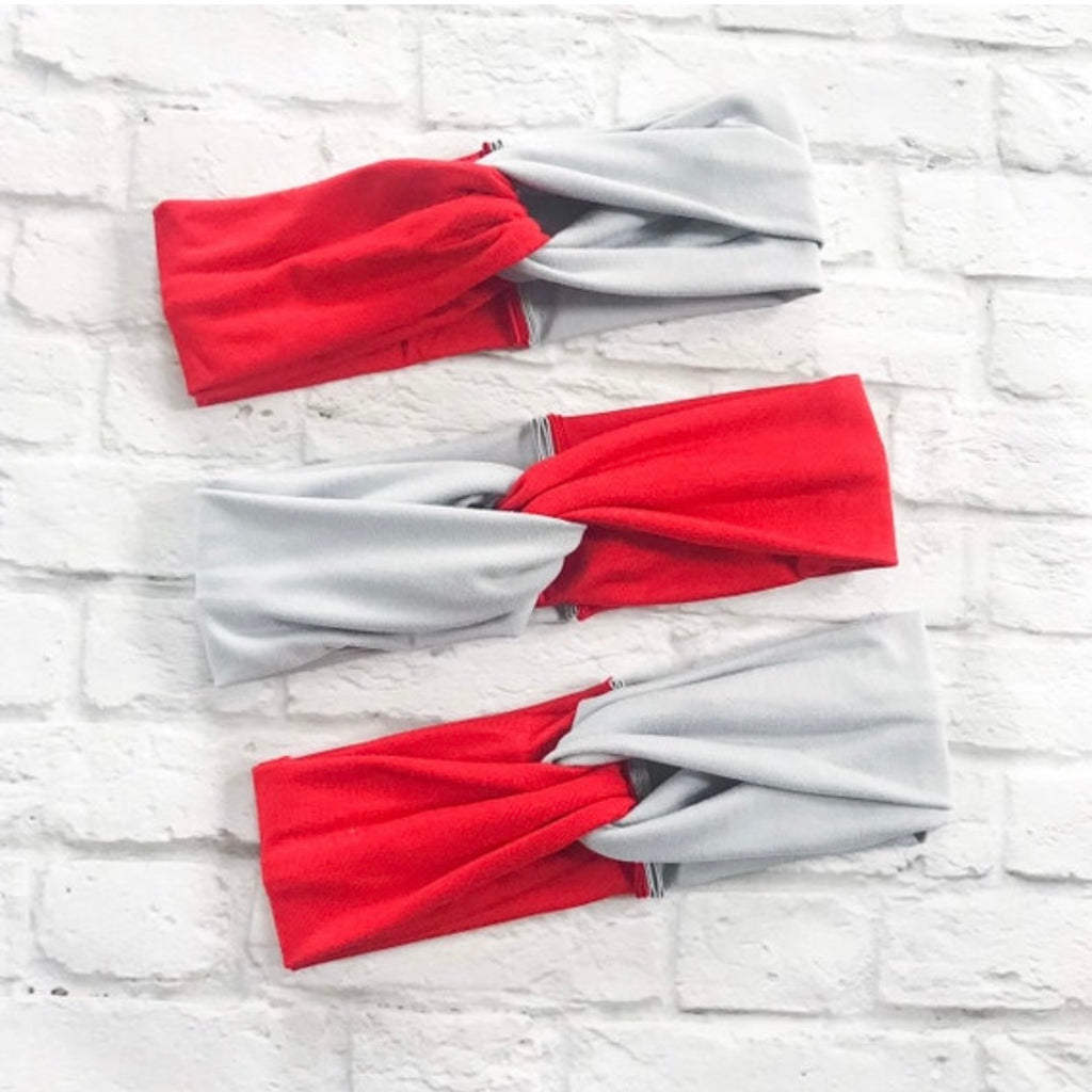 Handmade Fabric Twist Turban Headband for women: Red and light grey